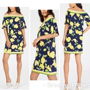 Trina Turk Off The Shoulder Lemon Print Shift Dress Size M